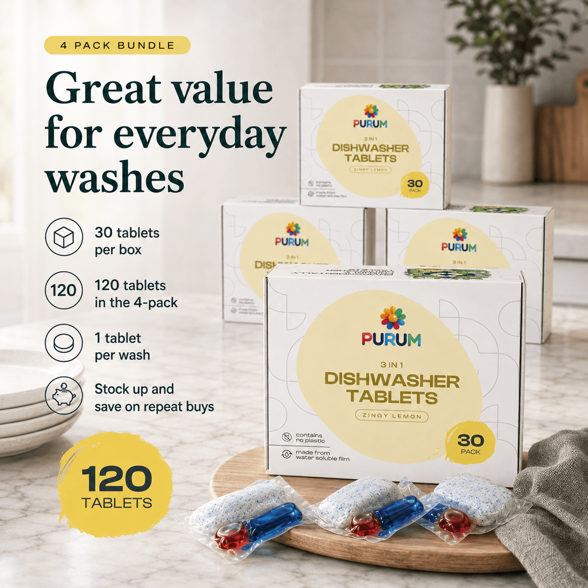 Purum 3-in-1 Dishwasher Tablets Bundle – Lemon – 120 Tablets - REGN