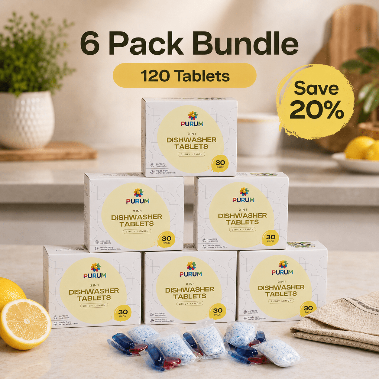 Purum 3-in-1 Dishwasher Tablets Bundle – Lemon – 180 Tablets - REGN