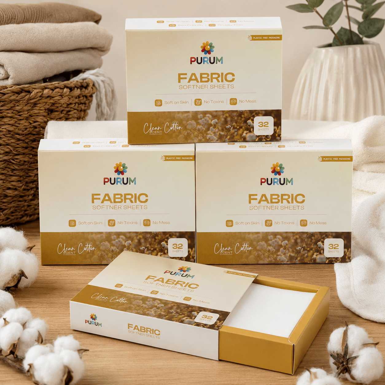 Purum Fabric Conditioner Sheets Clean Cotton Scent - 4 Pack Bundle - REGN