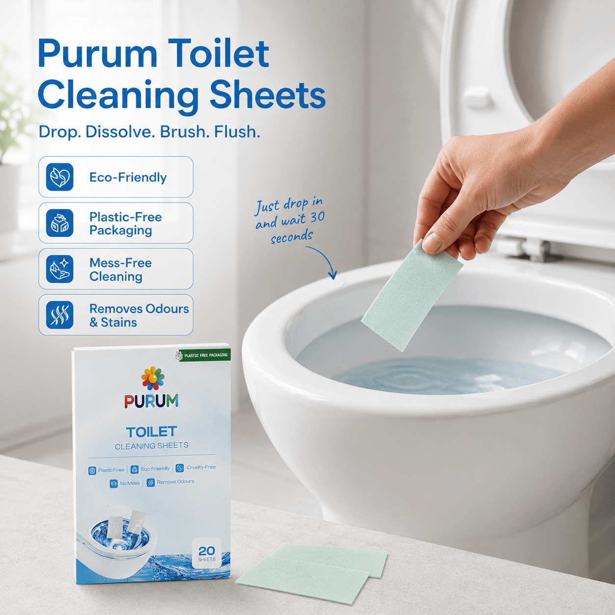 Purum Toilet Cleaning Sheets – Plastic-Free & Eco-Friendly - 20 Pack - REGN