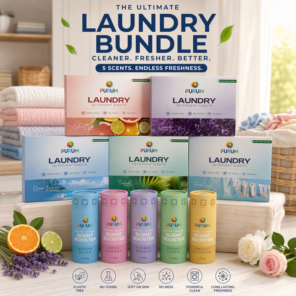 Purum Ultimate Laundry Bundle – 320 Eco - Friendly Laundry Sheets & 5 Scent Boosters Set - REGN