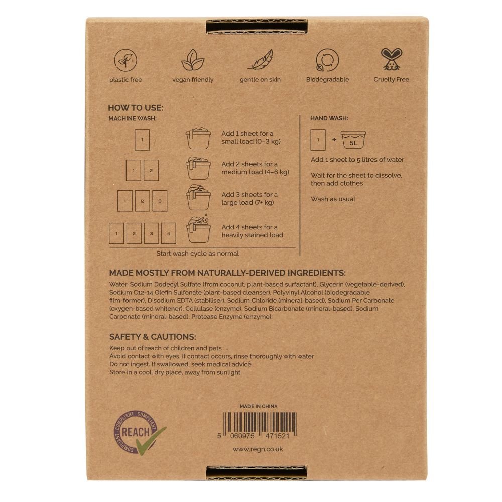 Re:gn Bio Laundry Detergent Sheets – Enzyme - Powered Stain Removing Formula | 64 Sheets - REGN