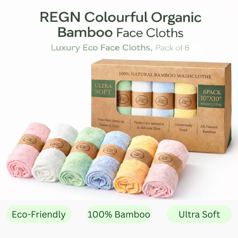 REGN Colourful Organic Bamboo Face Cloths - Luxury Eco Face Cloths, Pack of 6 - REGN
