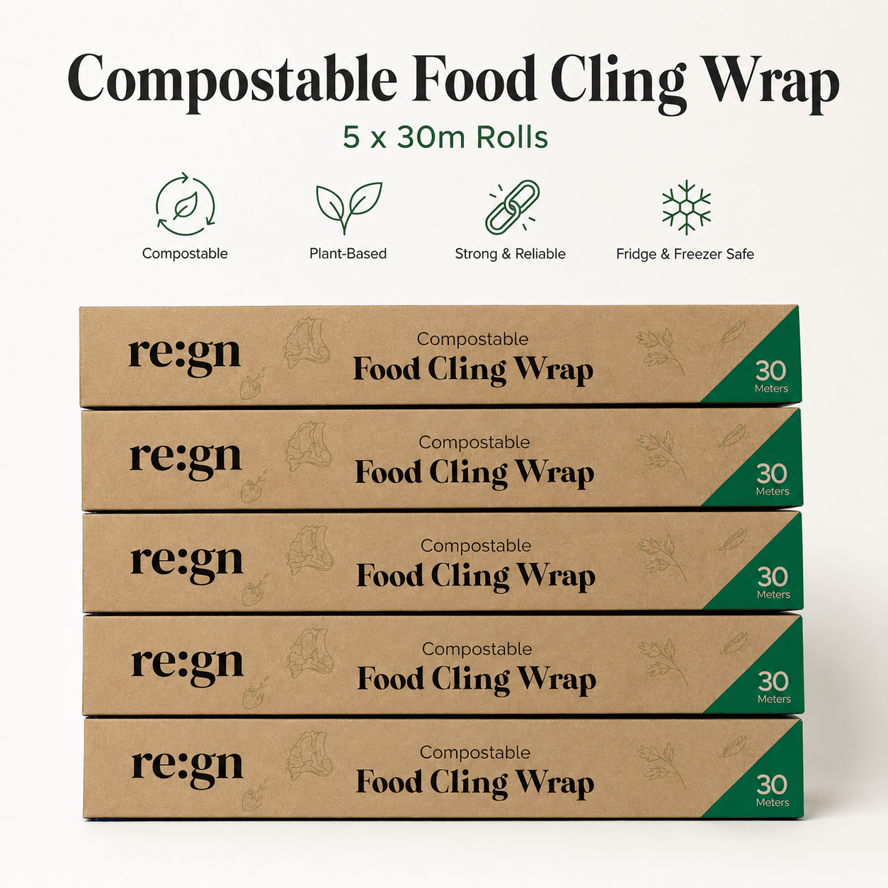 Re:gn Compostable Food Cling Wrap (Cling Film) – 5x 30m Rolls - REGN