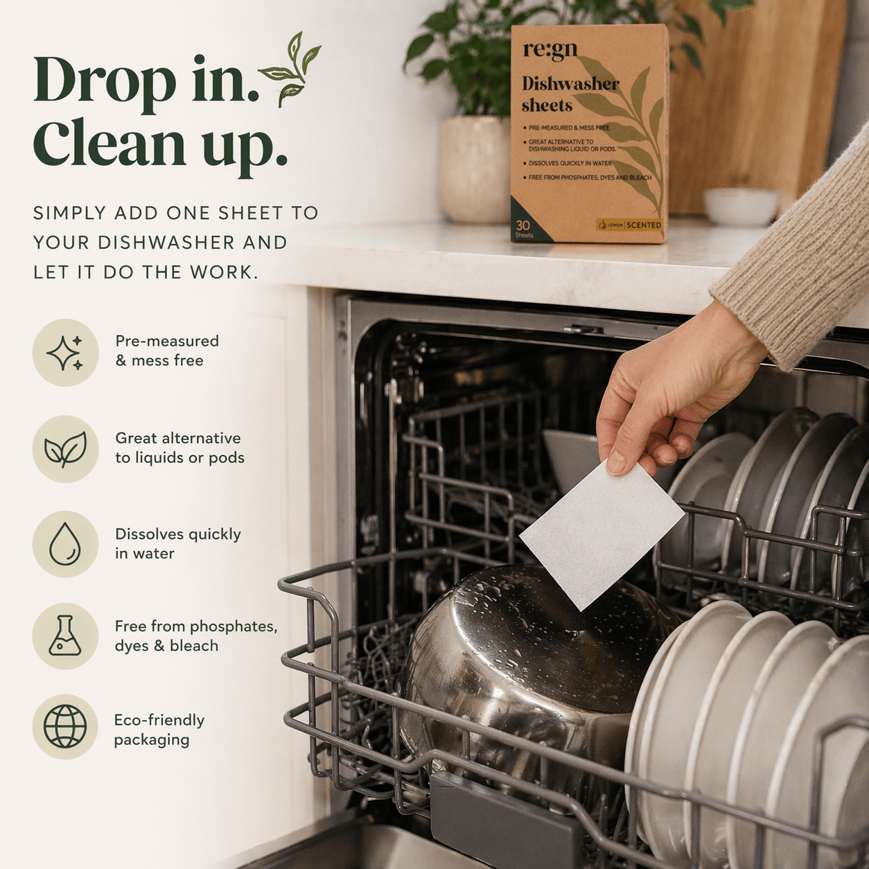re:gn Dishwasher Sheets | Lemon Scented |30 Sheets | Pre - Measured Dishwashing Alternative - REGN
