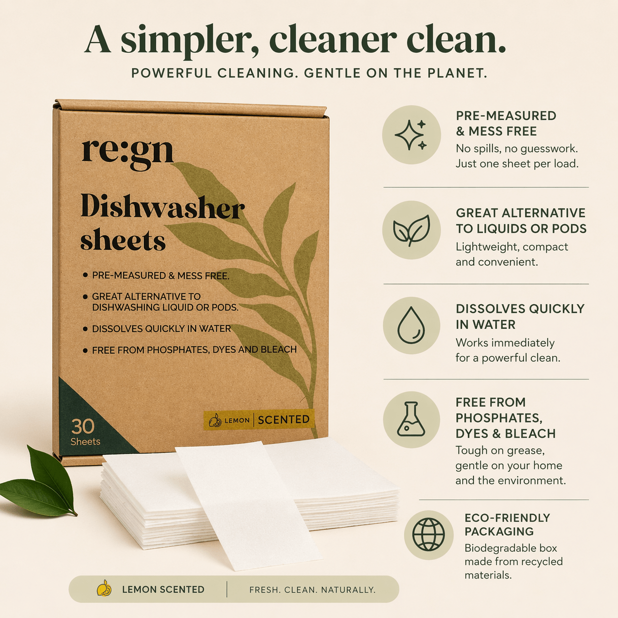 re:gn Dishwasher Sheets | Lemon Scented |30 Sheets | Pre - Measured Dishwashing Alternative - REGN