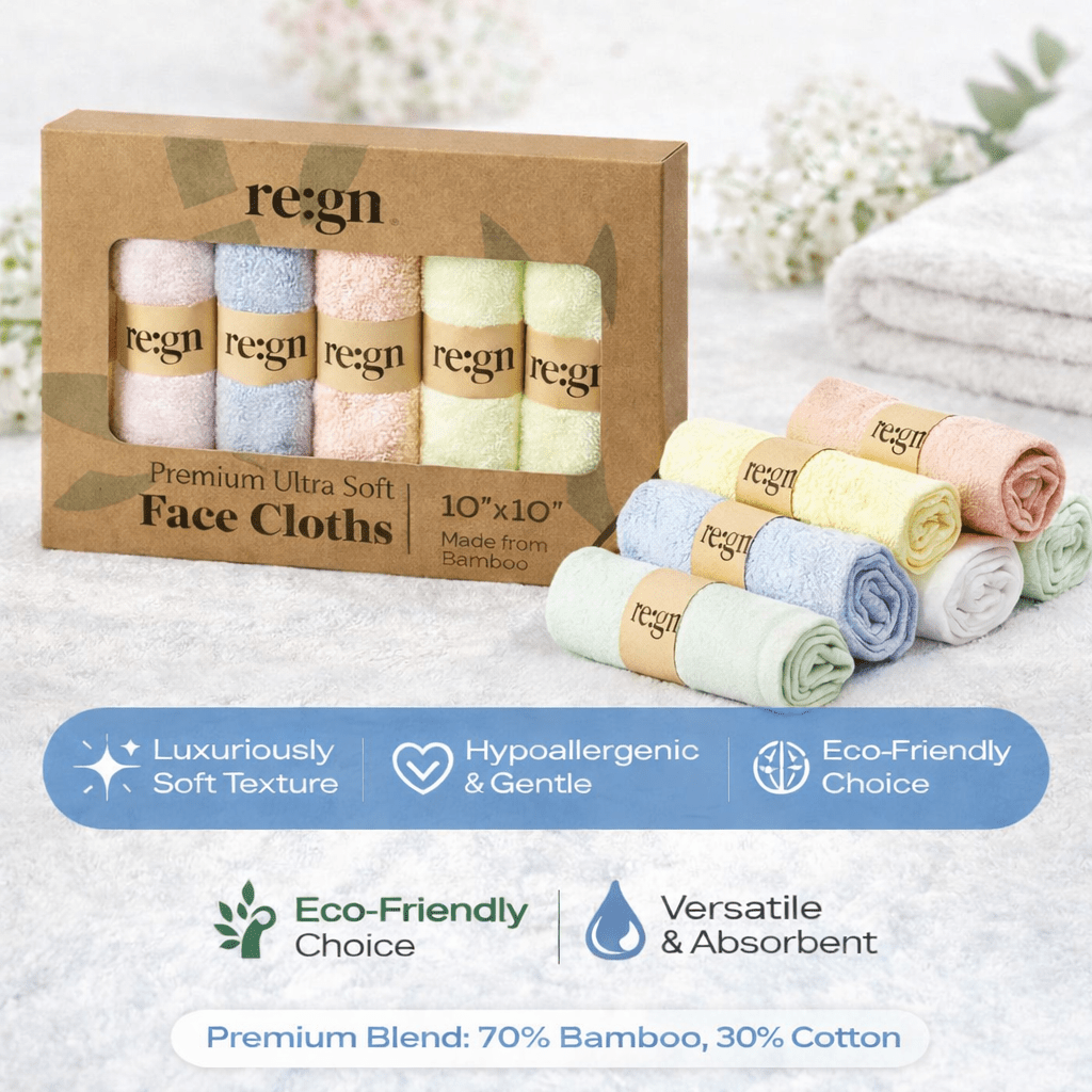 Re:gn Organic Bamboo Face Cloths – Ultra - Soft Eco Washcloths, Pastel 6 Pack - REGN