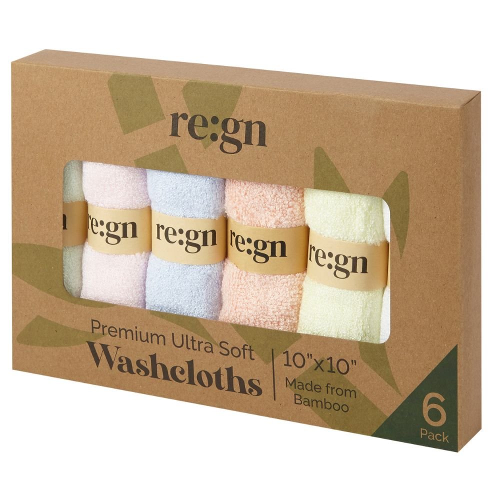 Re:gn Organic Bamboo Face Cloths – Ultra - Soft Eco Washcloths, Pastel 6 Pack - REGN