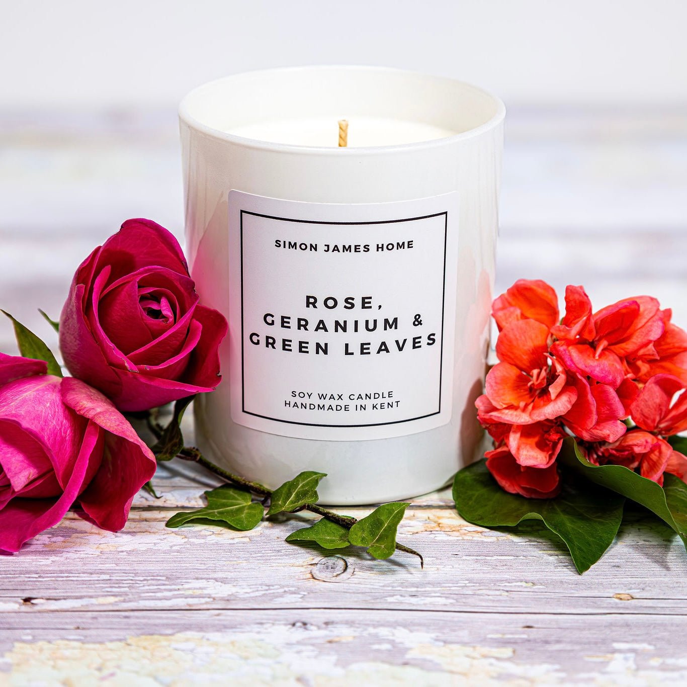 Rose, Geranium & Green Leaves Candle - Luxury Soy Wax - Rose Candle - REGN