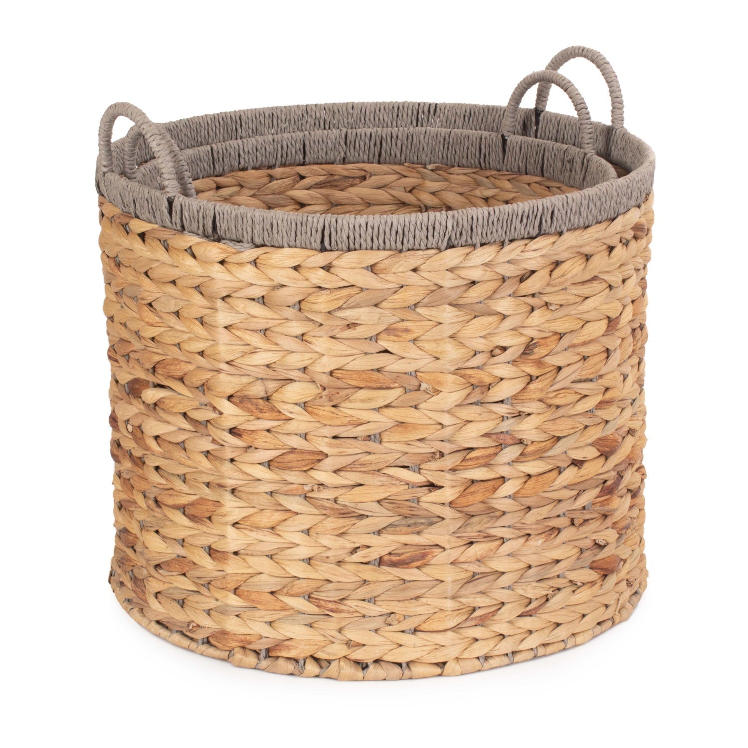 Set of 2 Round Water Hyacinth Storage Baskets with Grey Rope Border - REGN
