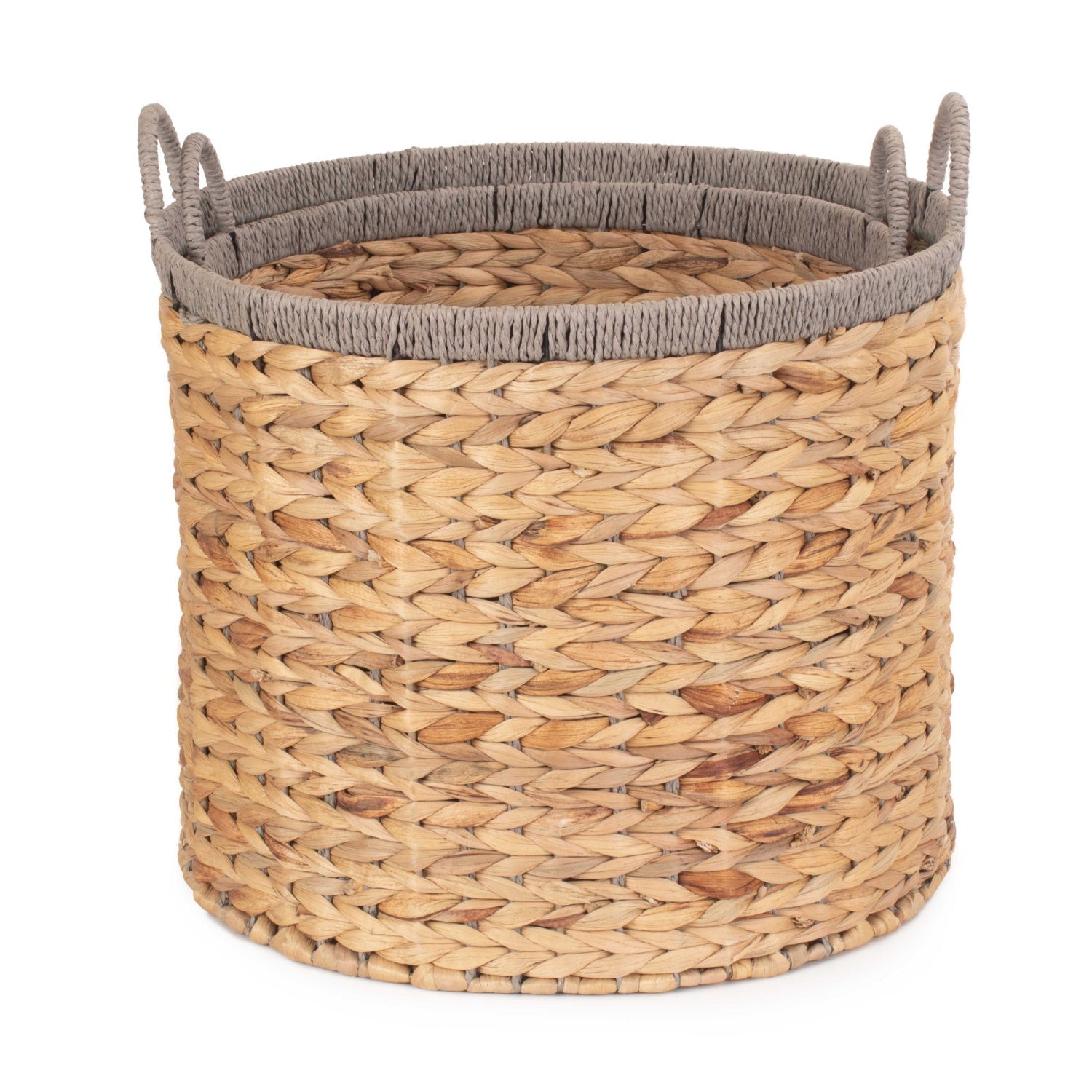 Set of 2 Round Water Hyacinth Storage Baskets with Grey Rope Border - REGN