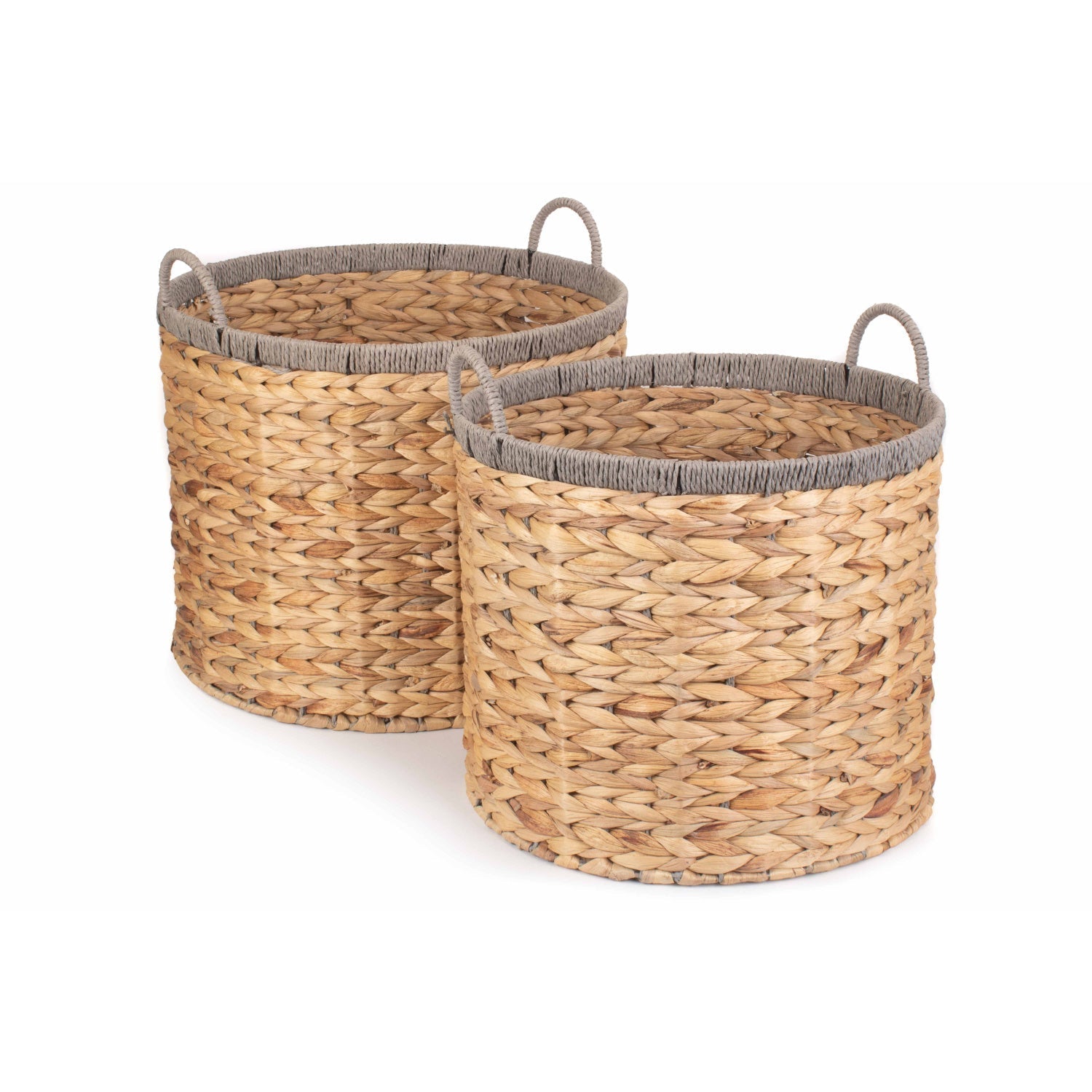 Set of 2 Round Water Hyacinth Storage Baskets with Grey Rope Border - REGN