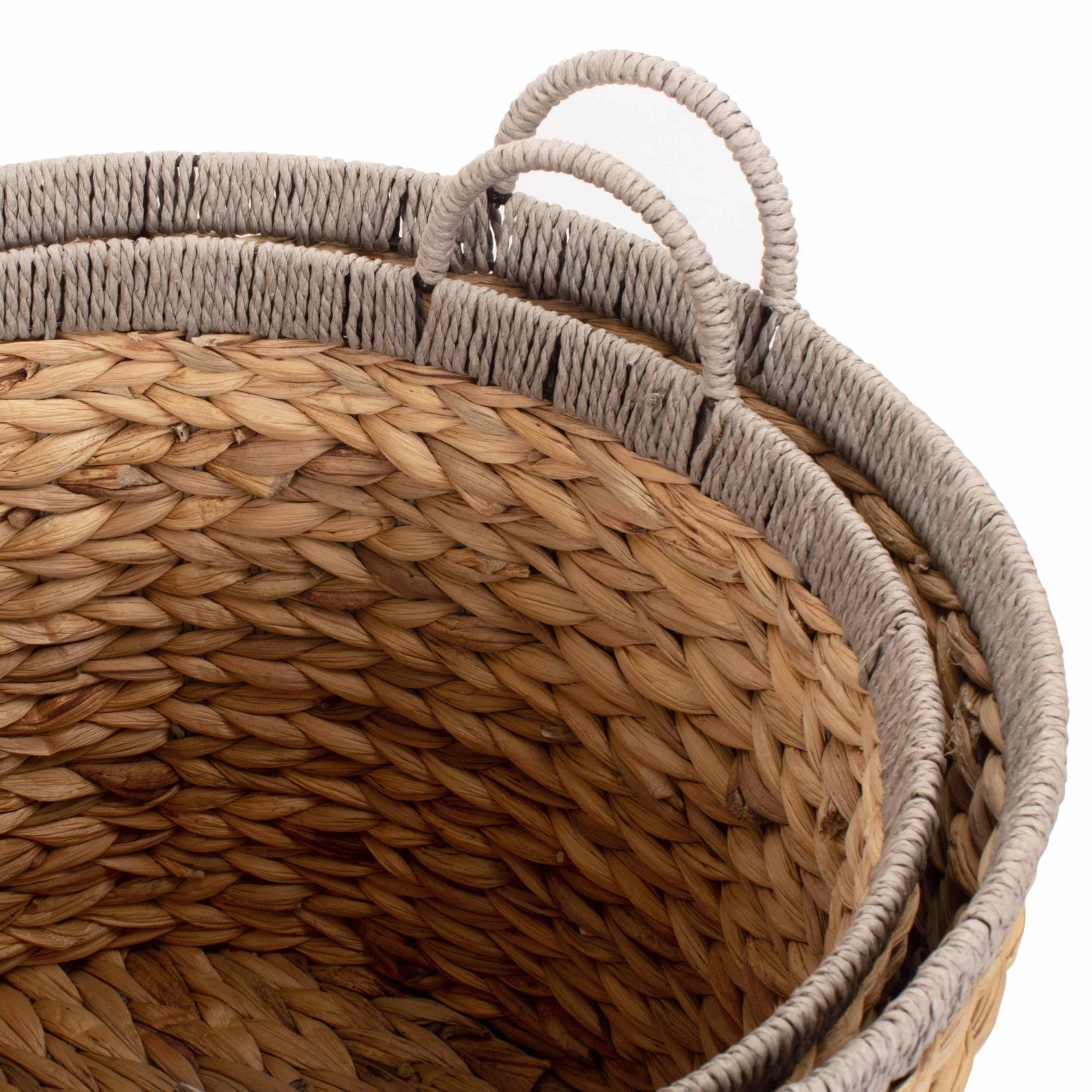 Set of 2 Round Water Hyacinth Storage Baskets with Grey Rope Border - REGN