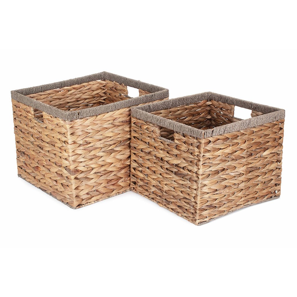 Set of 2 Square Water Hyacinth Storage Baskets with Grey Rope Border - REGN