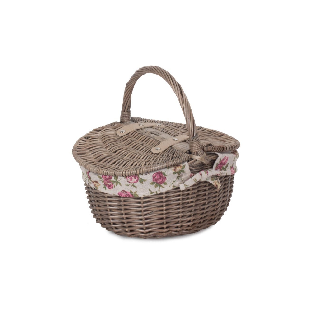 Small Antique Wash Finish Willow Oval Picnic Basket with Garden Rose Lining - REGN