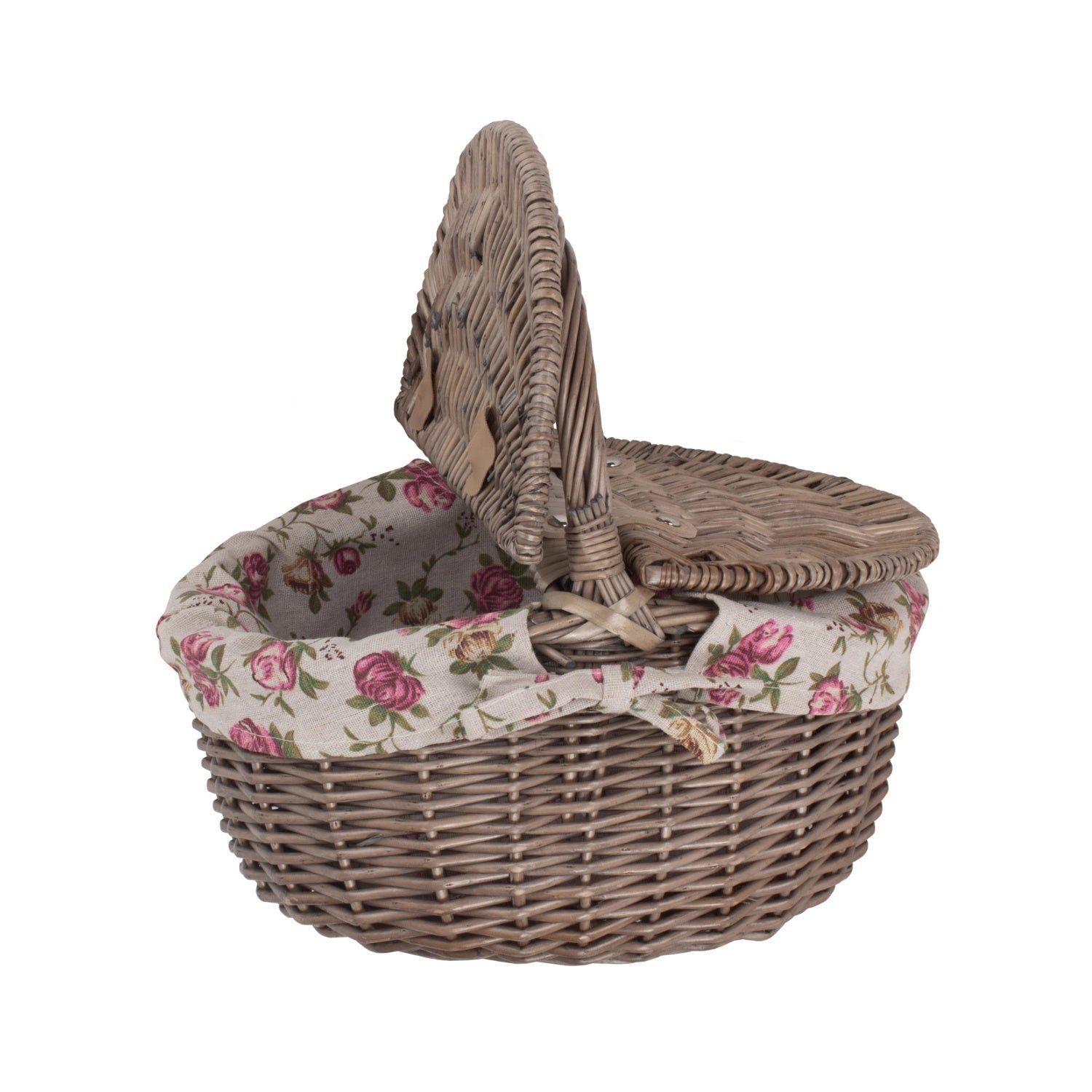 Small Antique Wash Finish Willow Oval Picnic Basket with Garden Rose Lining - REGN