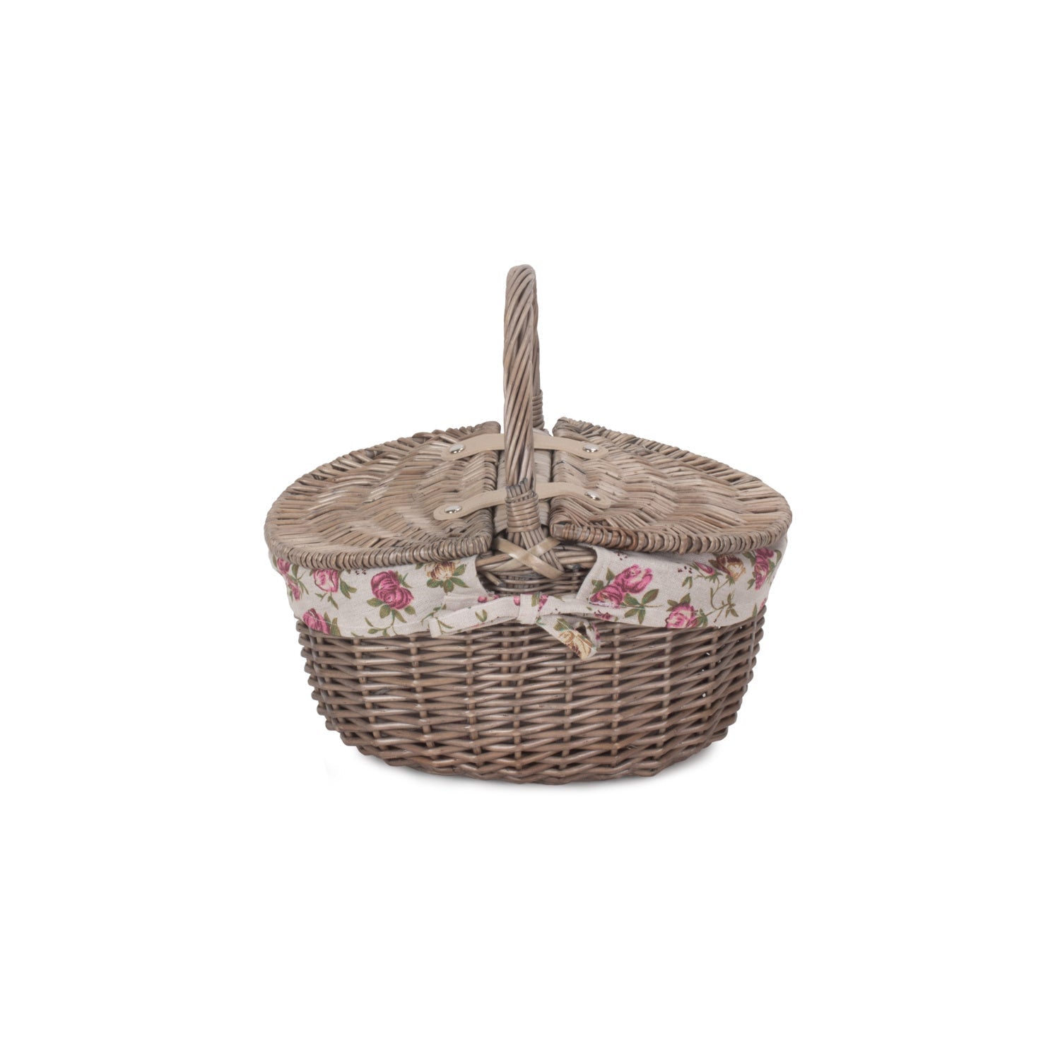 Small Antique Wash Finish Willow Oval Picnic Basket with Garden Rose Lining - REGN