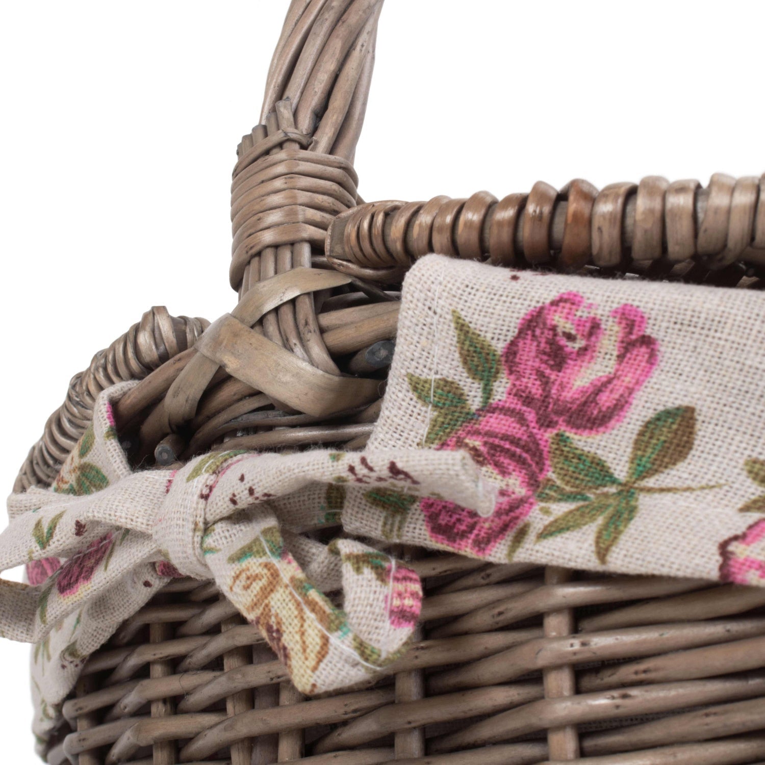 Small Antique Wash Finish Willow Oval Picnic Basket with Garden Rose Lining - REGN