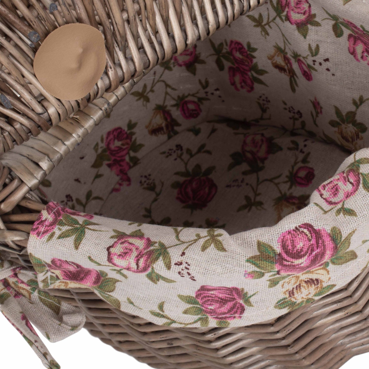 Small Antique Wash Finish Willow Oval Picnic Basket with Garden Rose Lining - REGN
