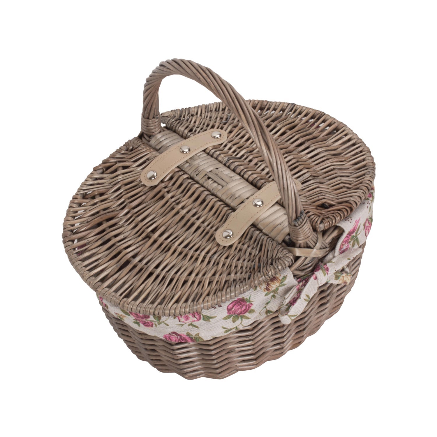Small Antique Wash Finish Willow Oval Picnic Basket with Garden Rose Lining - REGN
