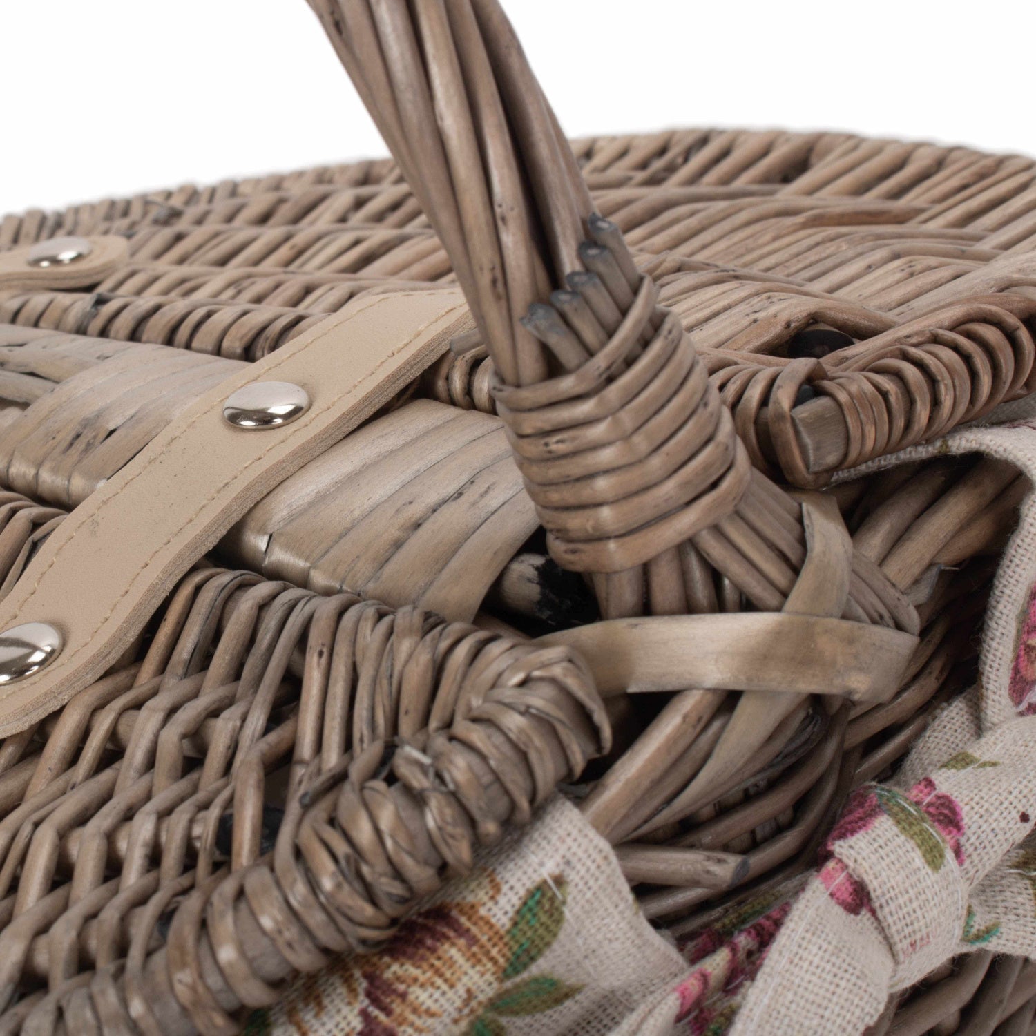 Small Antique Wash Finish Willow Oval Picnic Basket with Garden Rose Lining - REGN