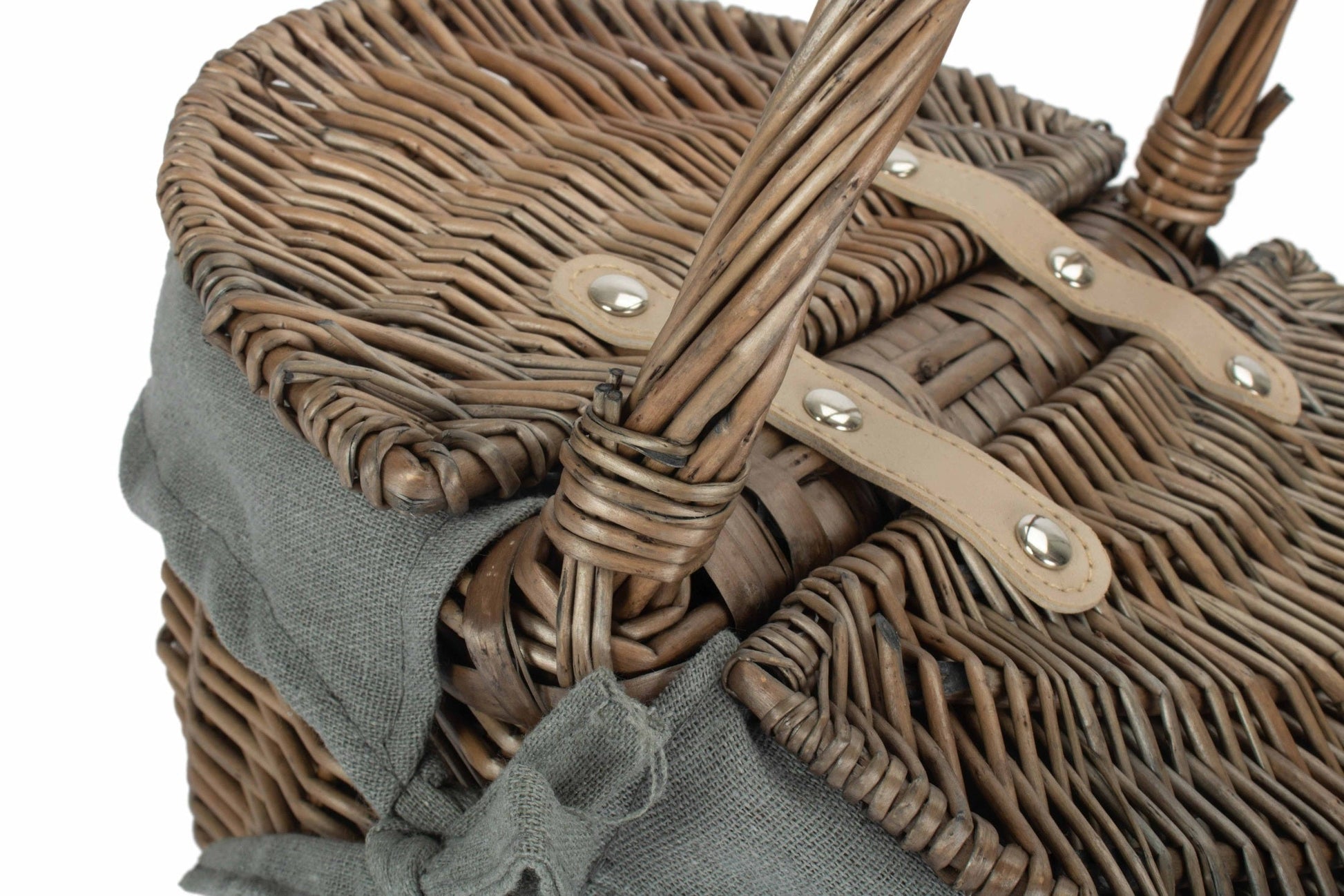 Small Antique Wash Finish Willow Oval Picnic Basket with Grey Sage Lining - REGN