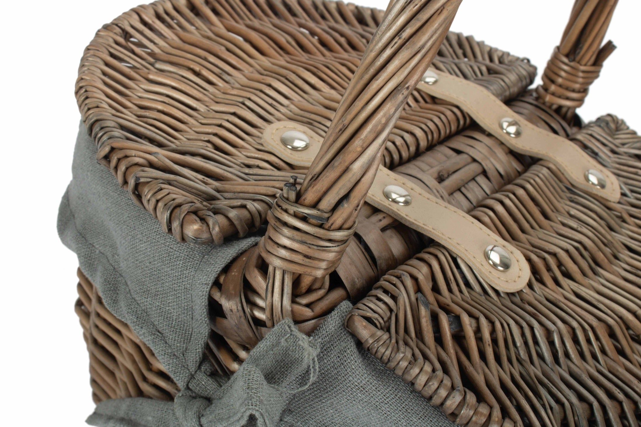 Small Antique Wash Finish Willow Oval Picnic Basket with Grey Sage Lining - REGN