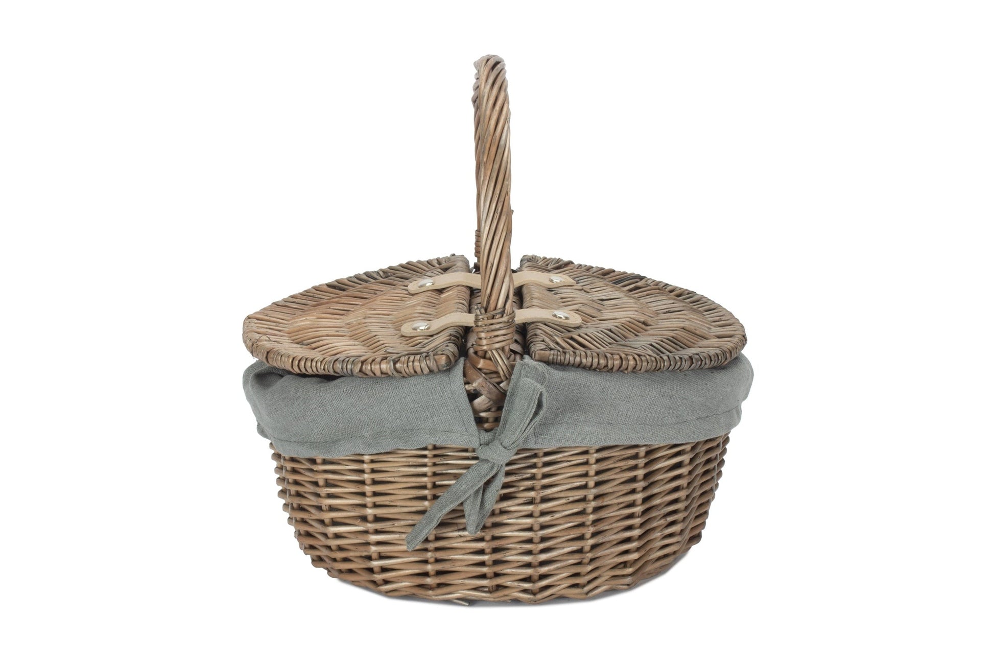 Small Antique Wash Finish Willow Oval Picnic Basket with Grey Sage Lining - REGN