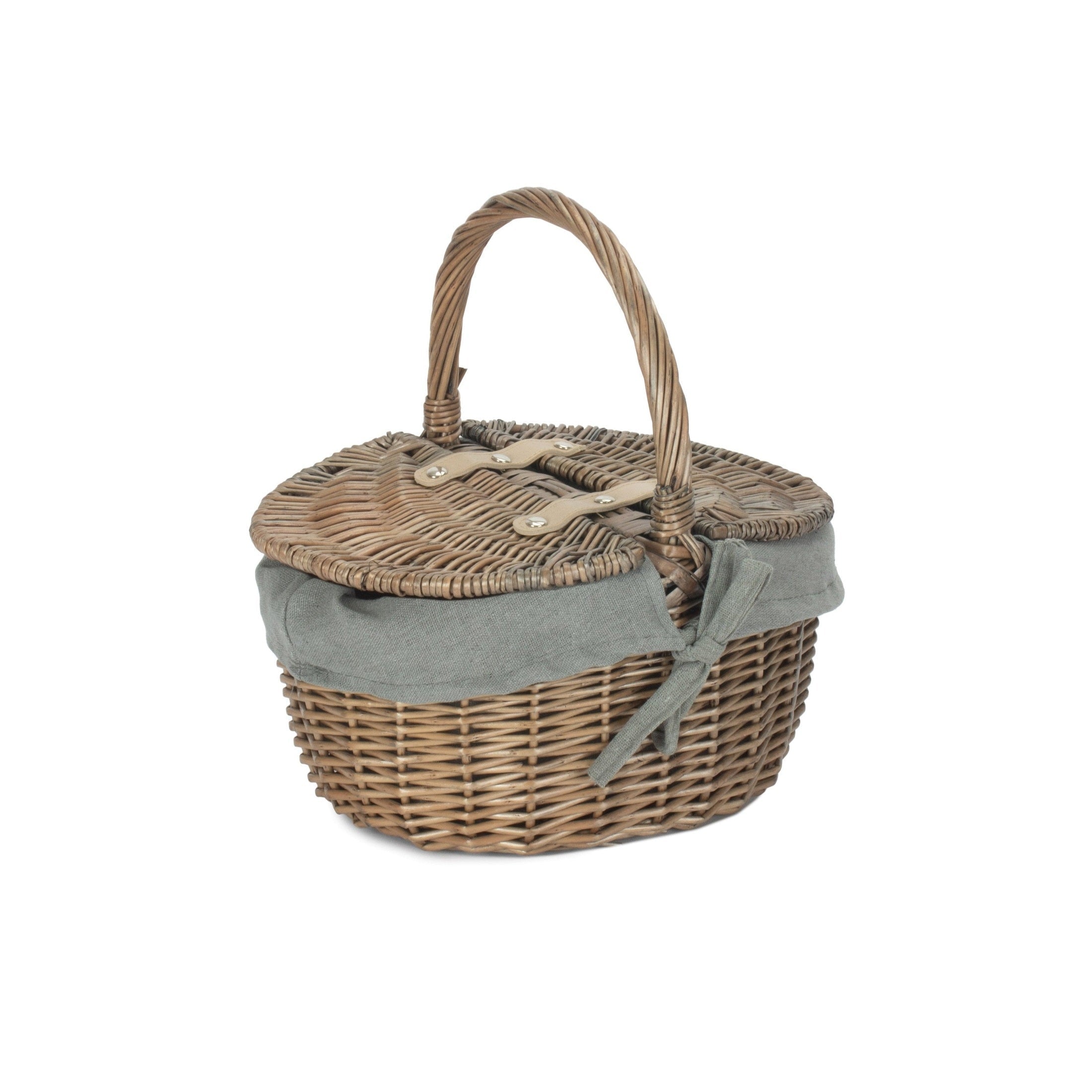 Small Antique Wash Finish Willow Oval Picnic Basket with Grey Sage Lining - REGN
