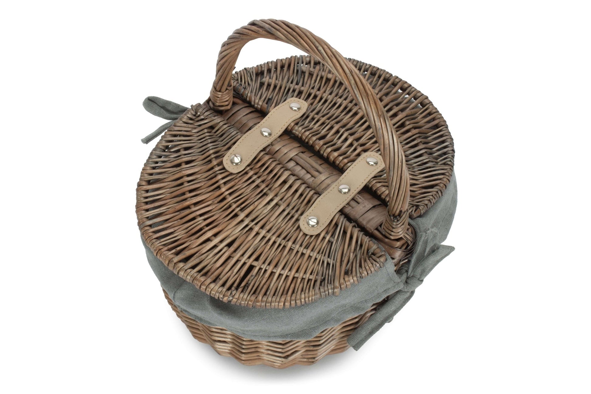 Small Antique Wash Finish Willow Oval Picnic Basket with Grey Sage Lining - REGN