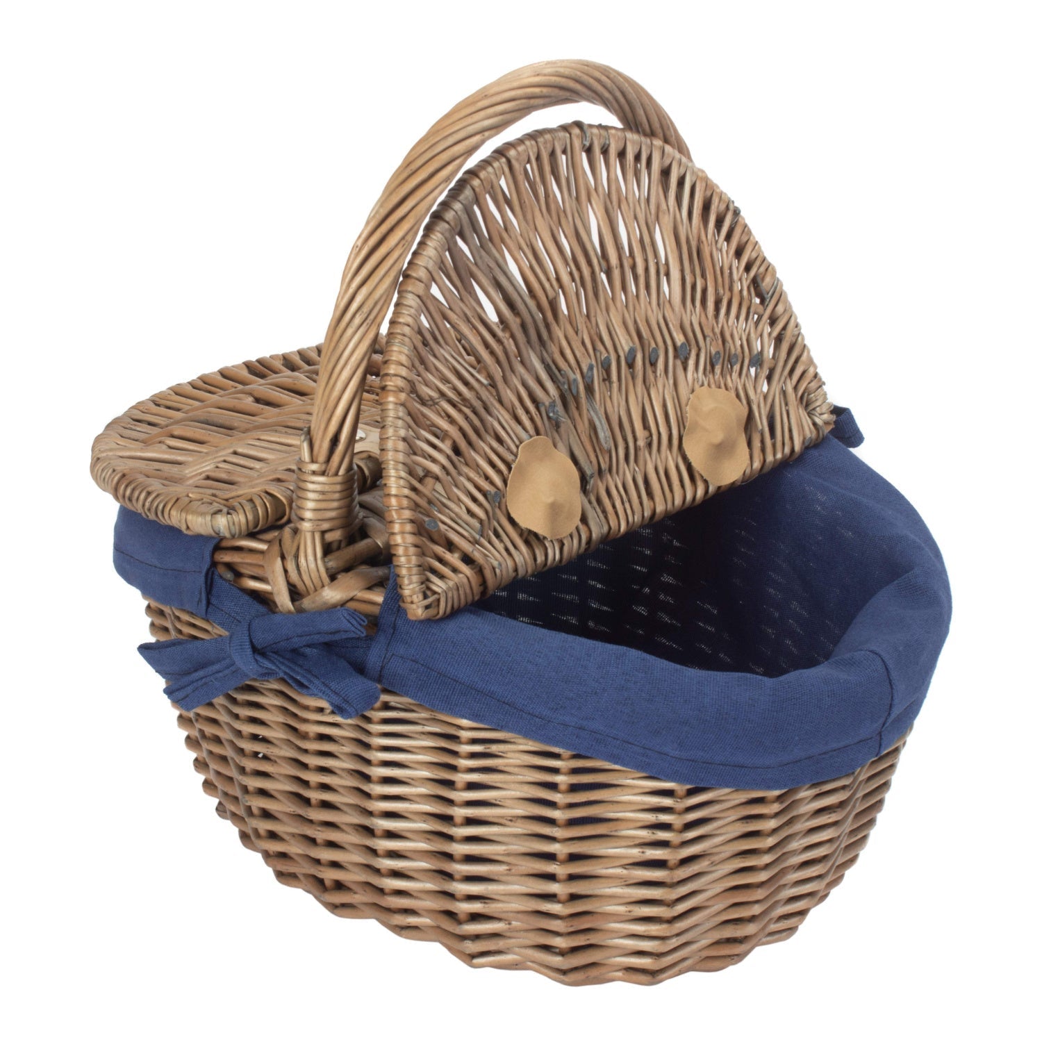Small Antique Wash Finish Willow Oval Picnic Basket with Navy Blue Lining - REGN