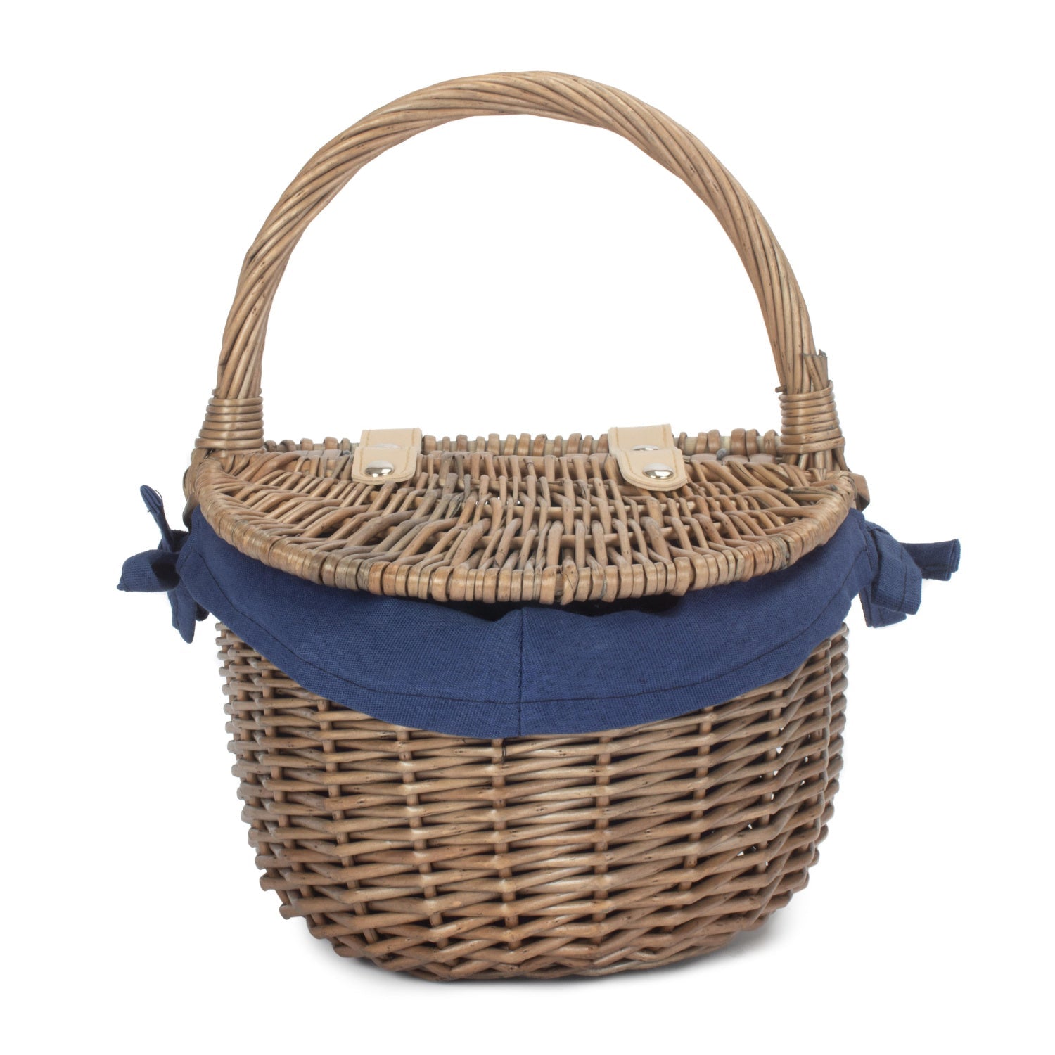 Small Antique Wash Finish Willow Oval Picnic Basket with Navy Blue Lining - REGN