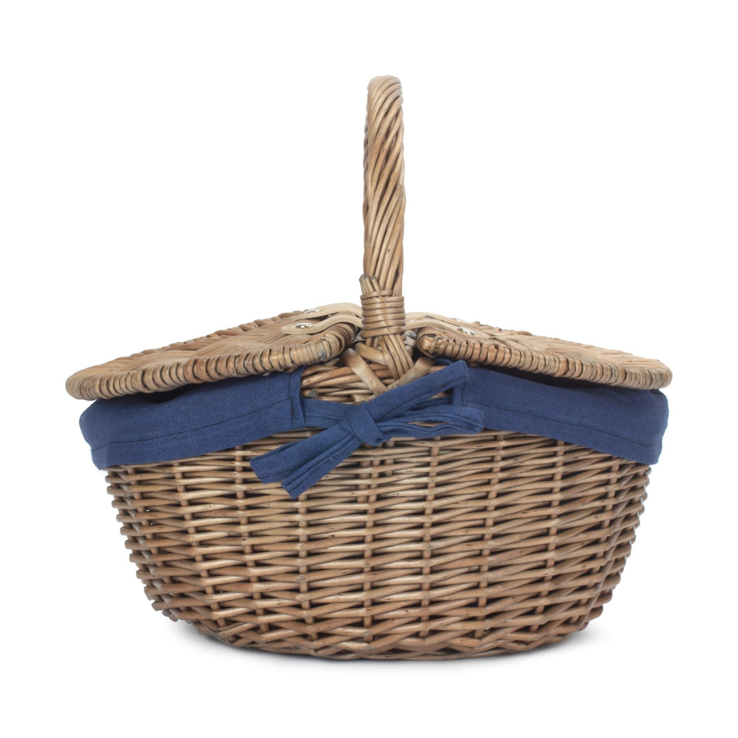 Small Antique Wash Finish Willow Oval Picnic Basket with Navy Blue Lining - REGN