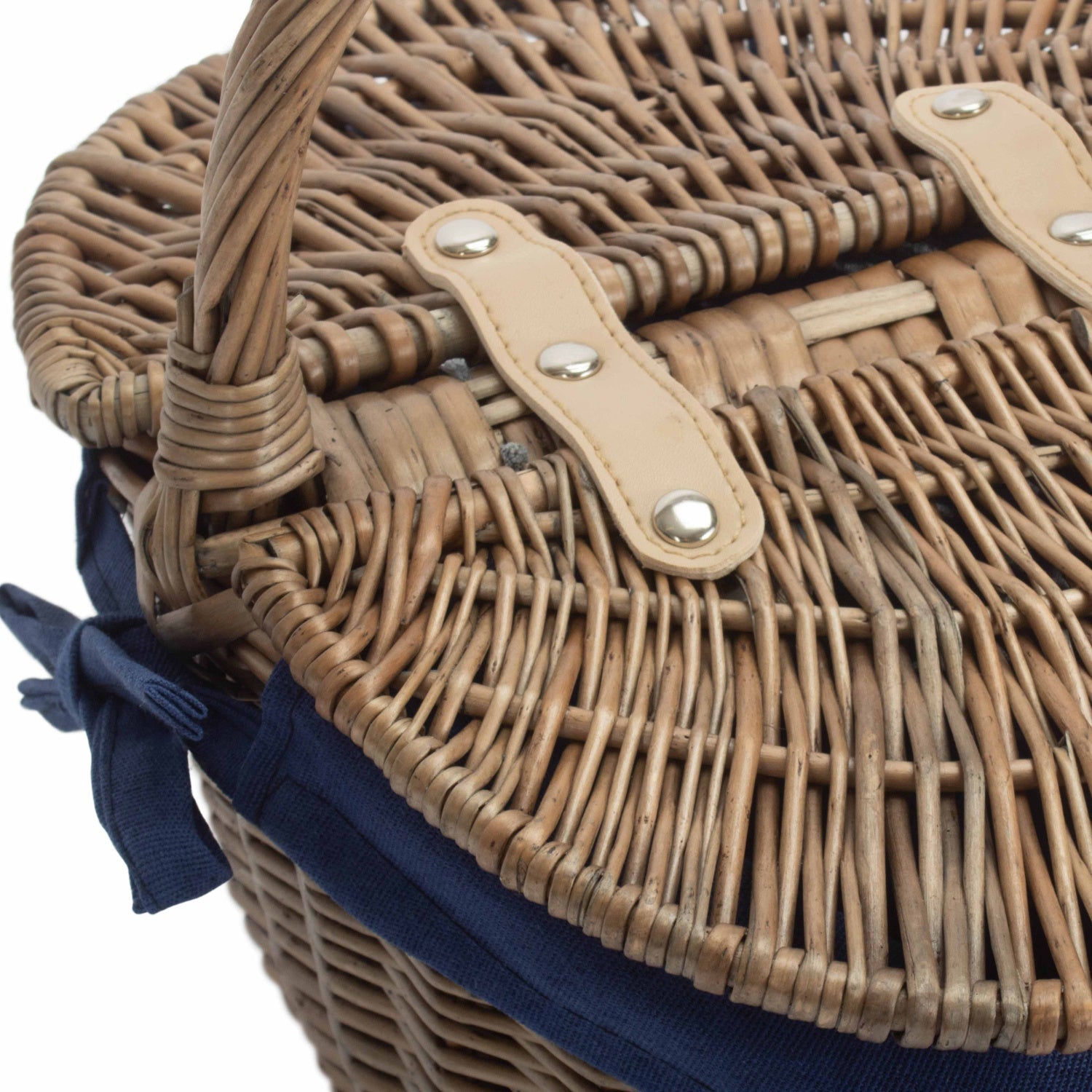 Small Antique Wash Finish Willow Oval Picnic Basket with Navy Blue Lining - REGN