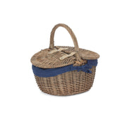 Small Antique Wash Finish Willow Oval Picnic Basket with Navy Blue Lining - REGN