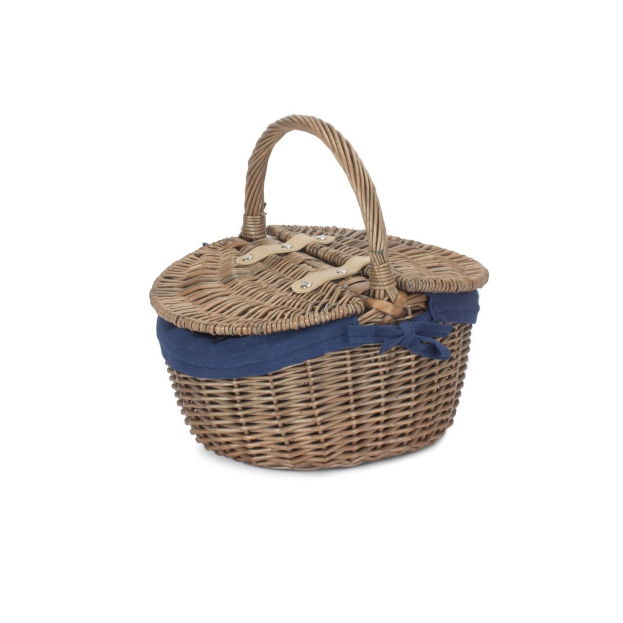 Small Antique Wash Finish Willow Oval Picnic Basket with Navy Blue Lining - REGN