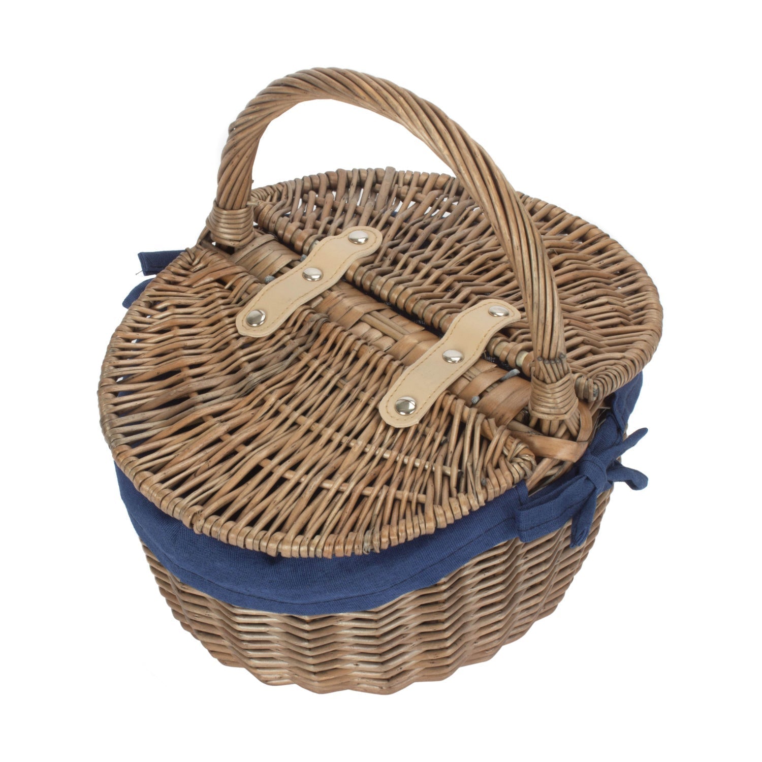 Small Antique Wash Finish Willow Oval Picnic Basket with Navy Blue Lining - REGN