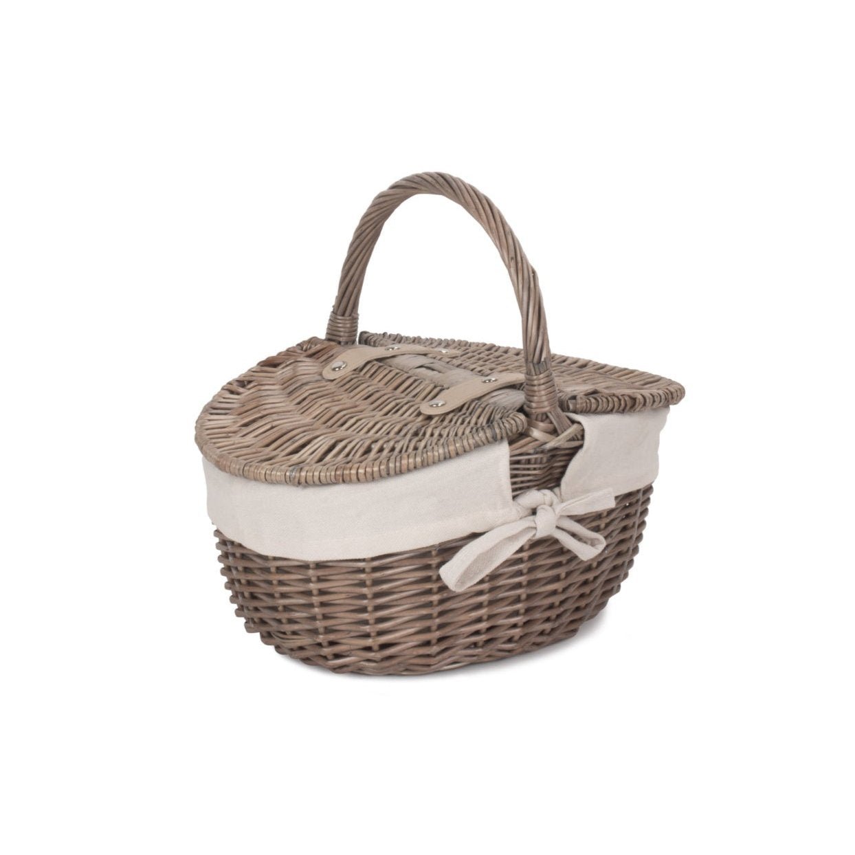 Small Antique Wash Finish Willow Oval Picnic Basket with White Lining - REGN