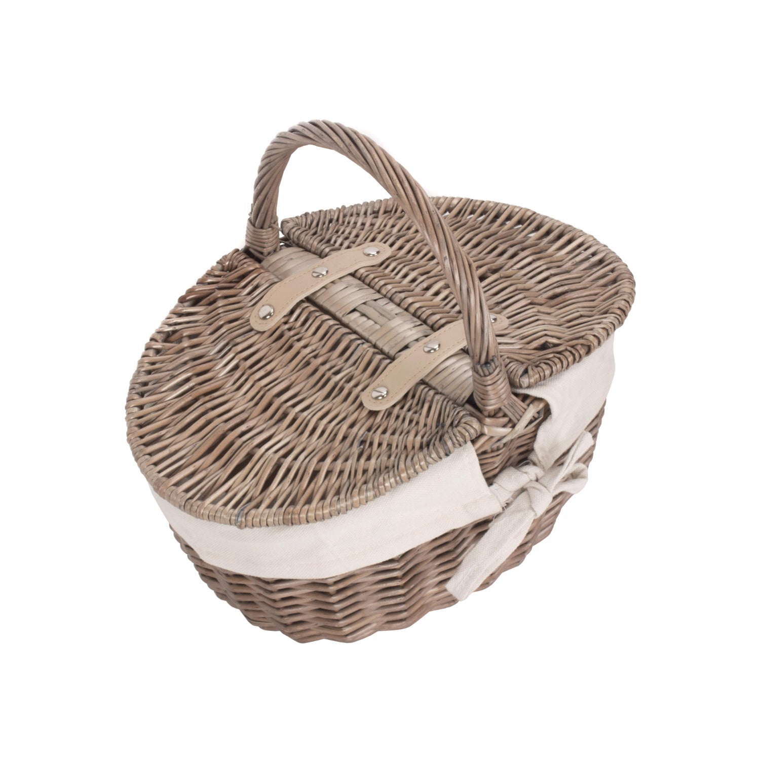 Small Antique Wash Finish Willow Oval Picnic Basket with White Lining - REGN