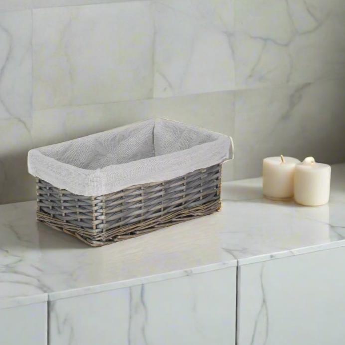 Small Antique Wash Wicker Storage Basket with White Lining - REGN