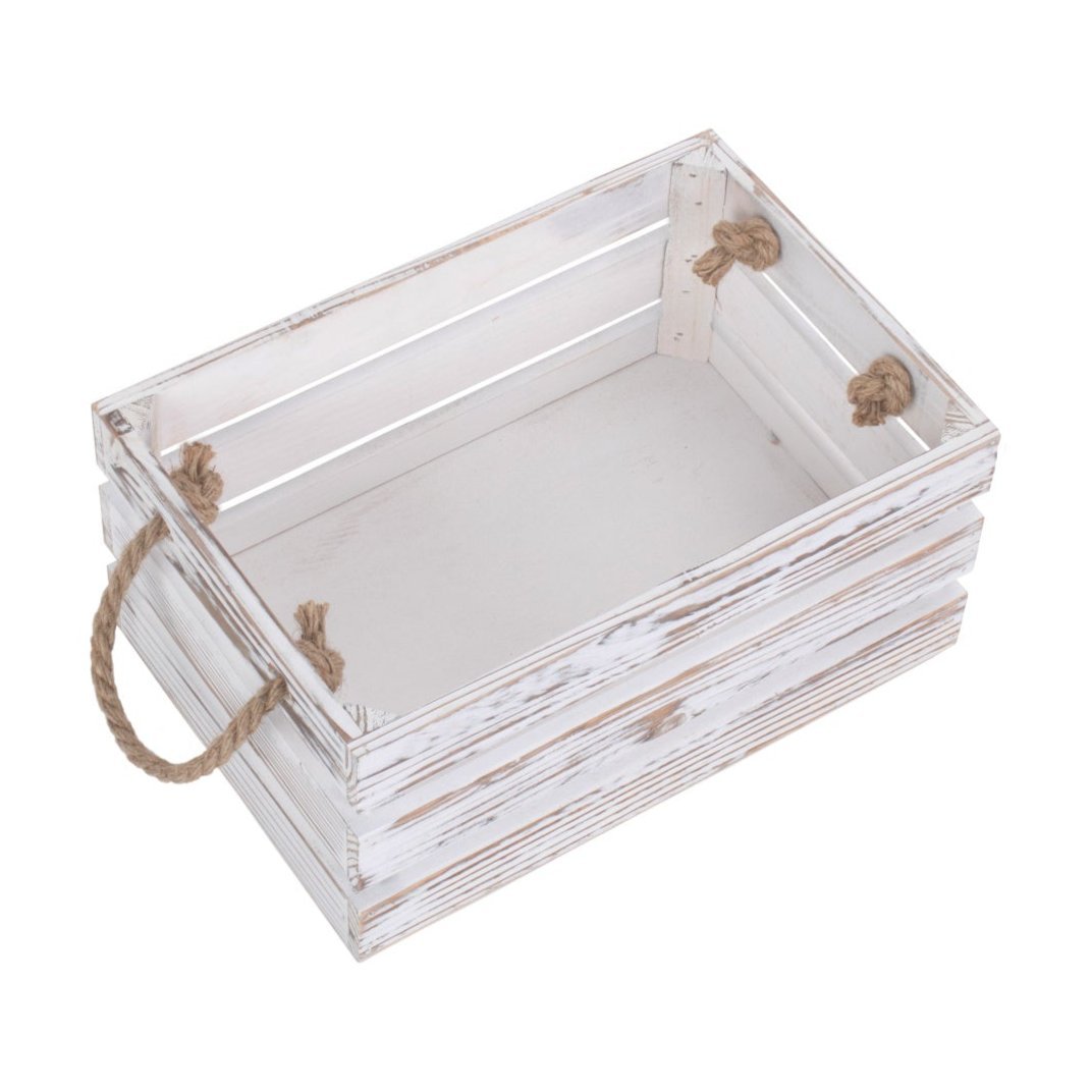 Small Distressed White Washed Rope Handled Crate - REGN