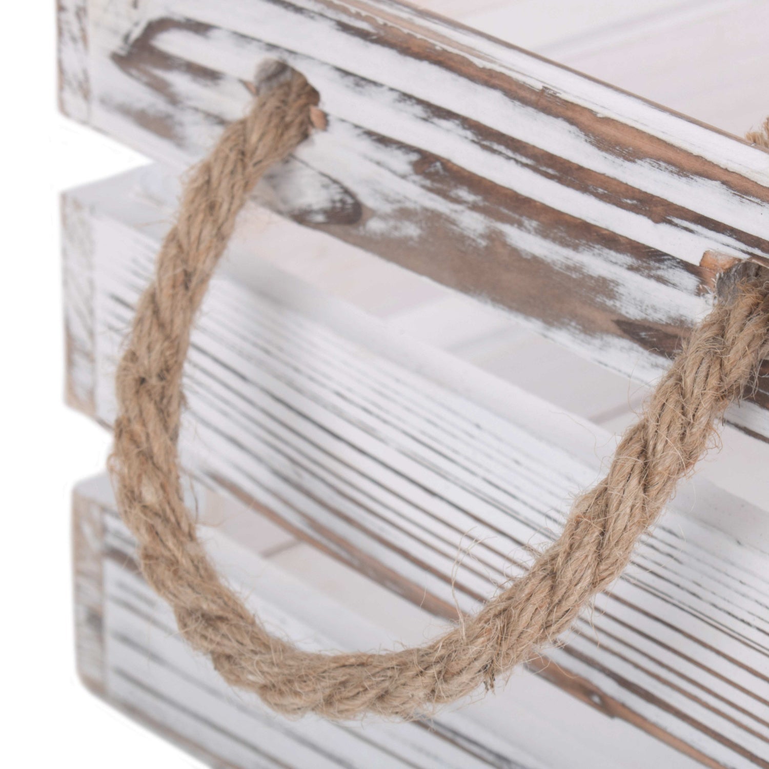 Small Distressed White Washed Rope Handled Crate - REGN