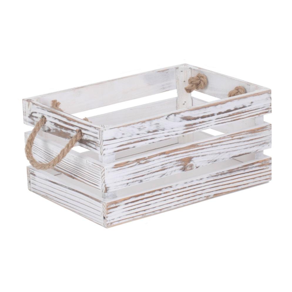 Small Distressed White Washed Rope Handled Crate - REGN