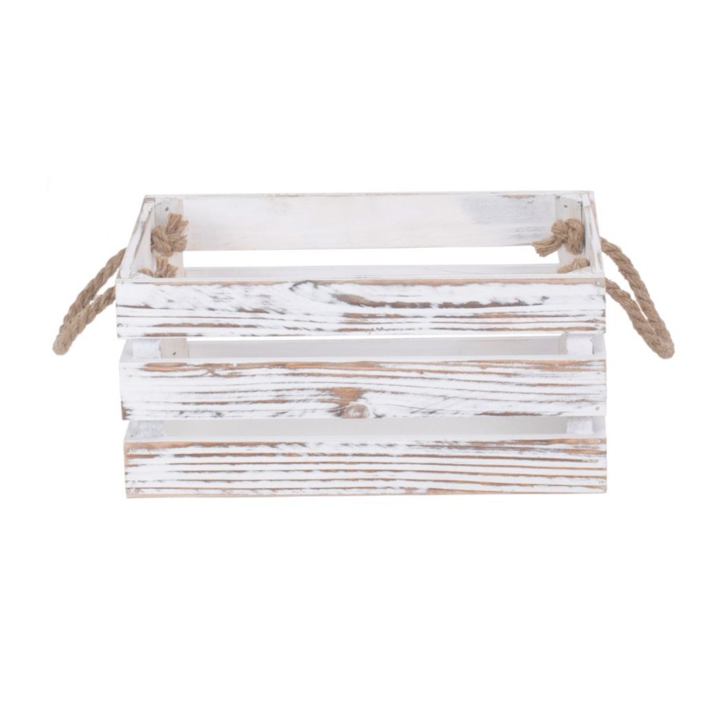 Small Distressed White Washed Rope Handled Crate - REGN