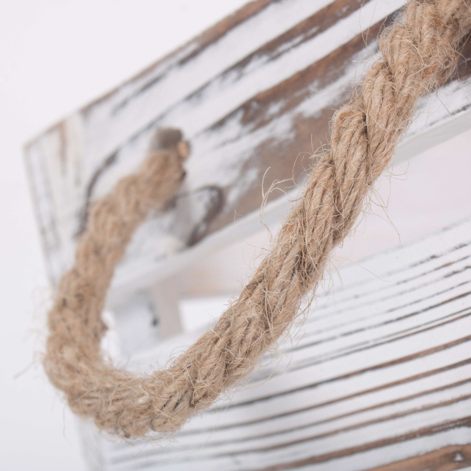 Small Distressed White Washed Rope Handled Crate - REGN