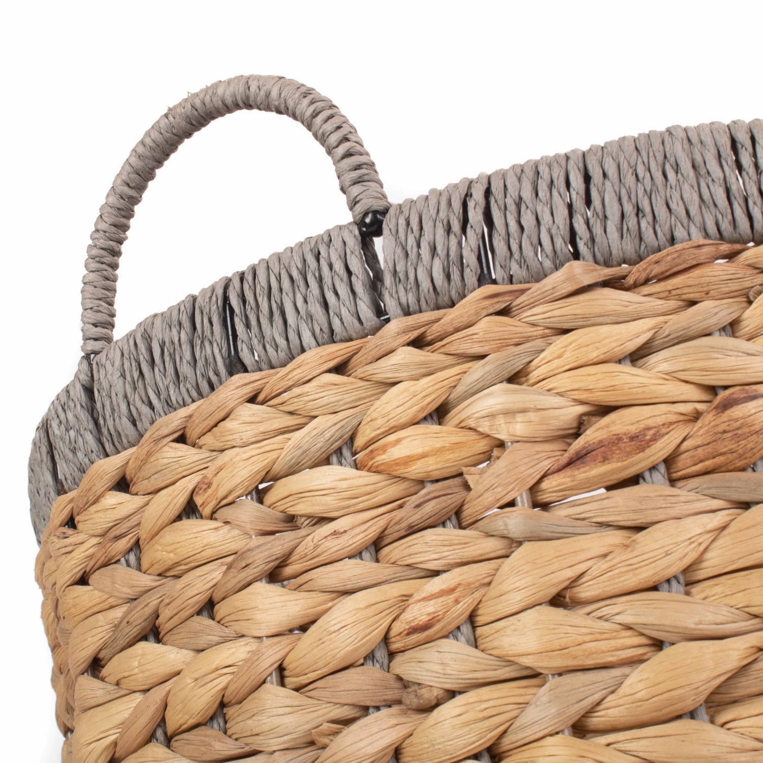 Small Round Water Hyacinth Storage Basket with Grey Rope Border - REGN