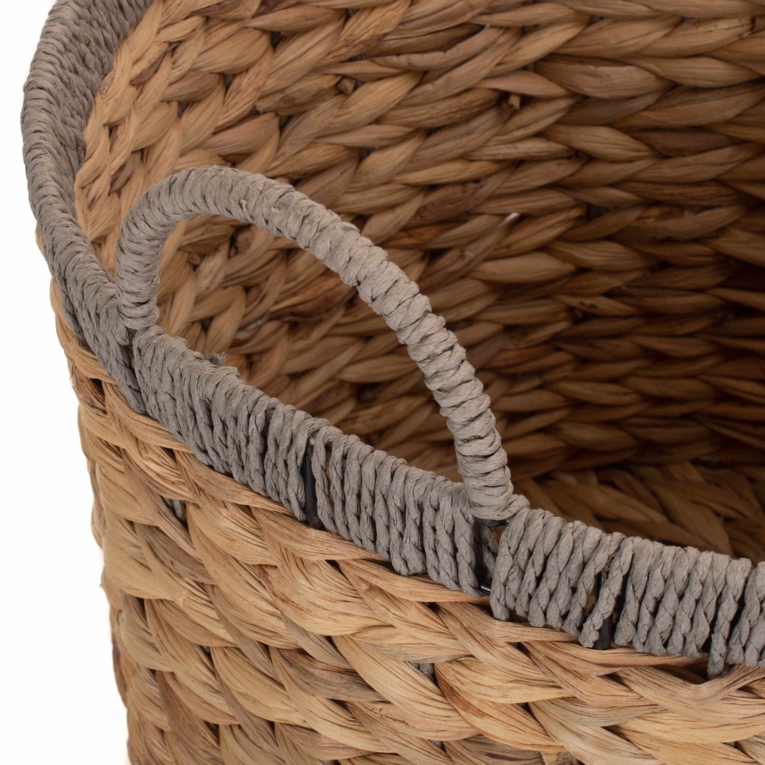 Small Round Water Hyacinth Storage Basket with Grey Rope Border - REGN