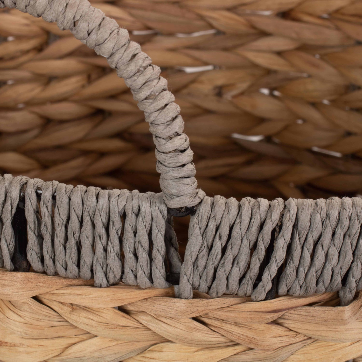 Small Round Water Hyacinth Storage Basket with Grey Rope Border - REGN