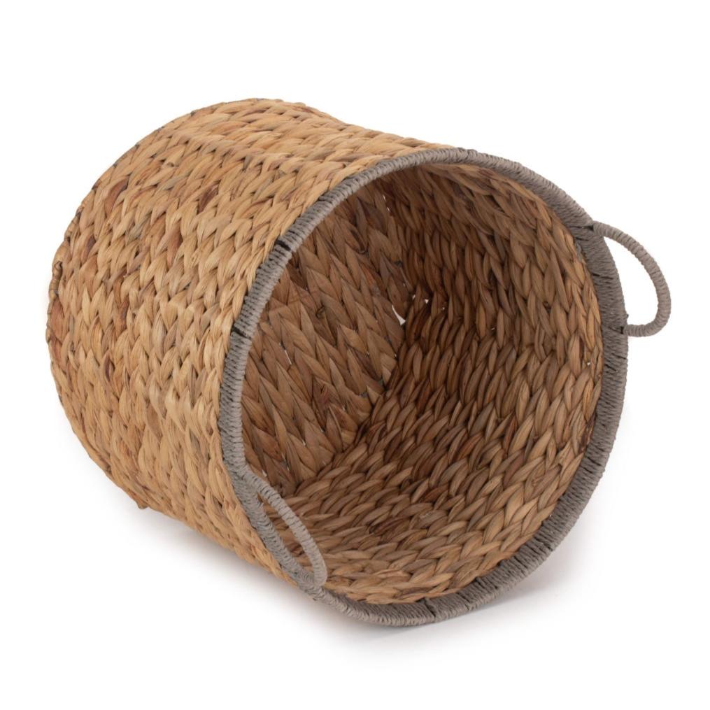 Small Round Water Hyacinth Storage Basket with Grey Rope Border - REGN