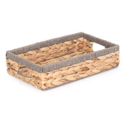 Small Shallow Rectangular Water Hyacinth Storage Tray Basket with Grey Rope Border - REGN
